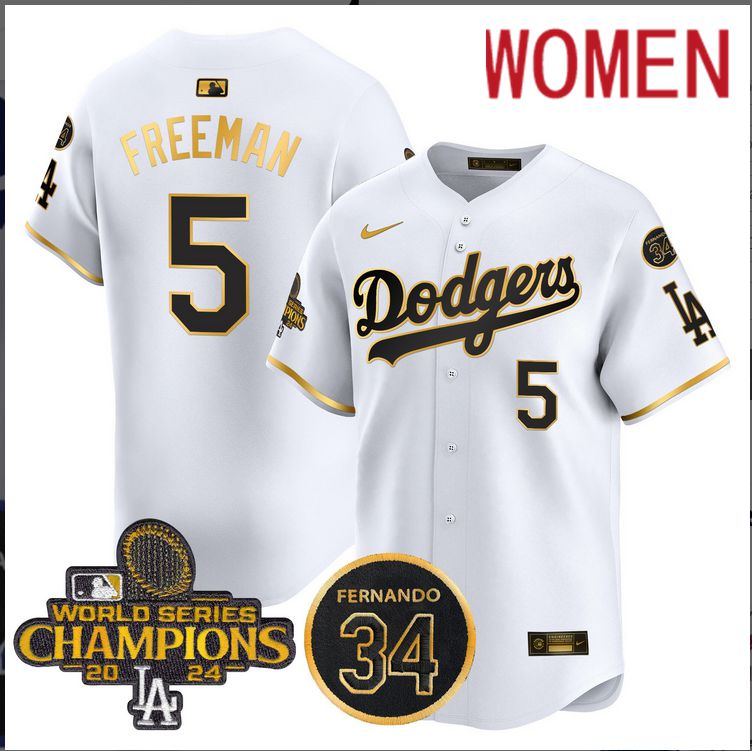 Women MLB Los Angeles Dodgers #5 Freeman white 2024 World Series Champions Patch Limited Jersey style 4